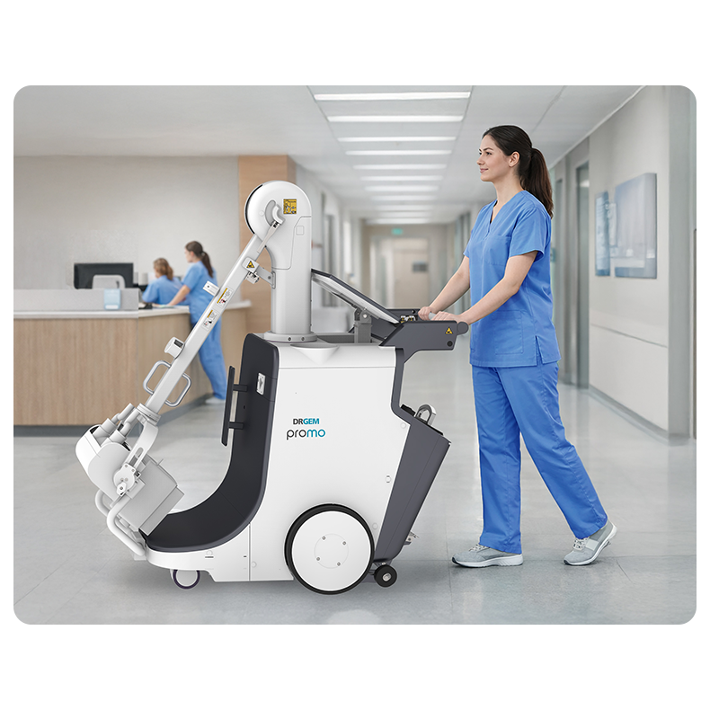 Hospital corridor with a nurse pushing a robotic cleaning machine that polishes the floor