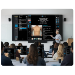 Instructor points to a medical software screen showing a patient chest diagram during a class lecture with students watching on laptops.