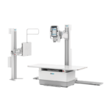 Medical x-ray imaging system with an adjustable patient table and vertical gantry for radiographic exams.