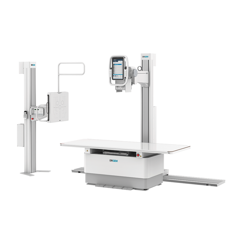 Medical x-ray imaging system with an adjustable patient table and vertical gantry for radiographic exams.