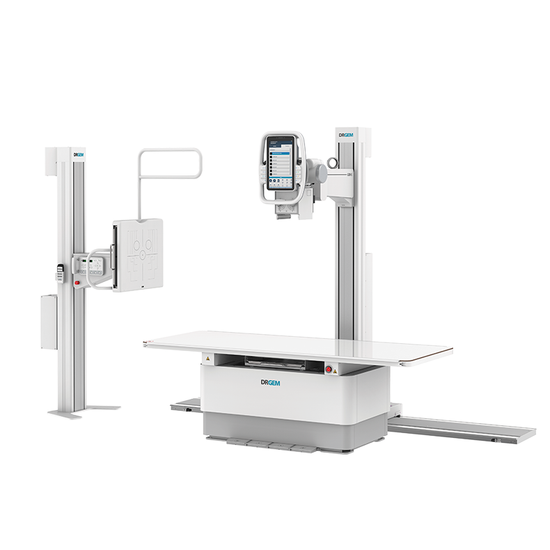 Medical x-ray imaging system with an adjustable patient table and vertical gantry for radiographic exams.