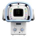 Top-down view of a medical imaging device with a blue circular gantry and a control panel displaying readouts.