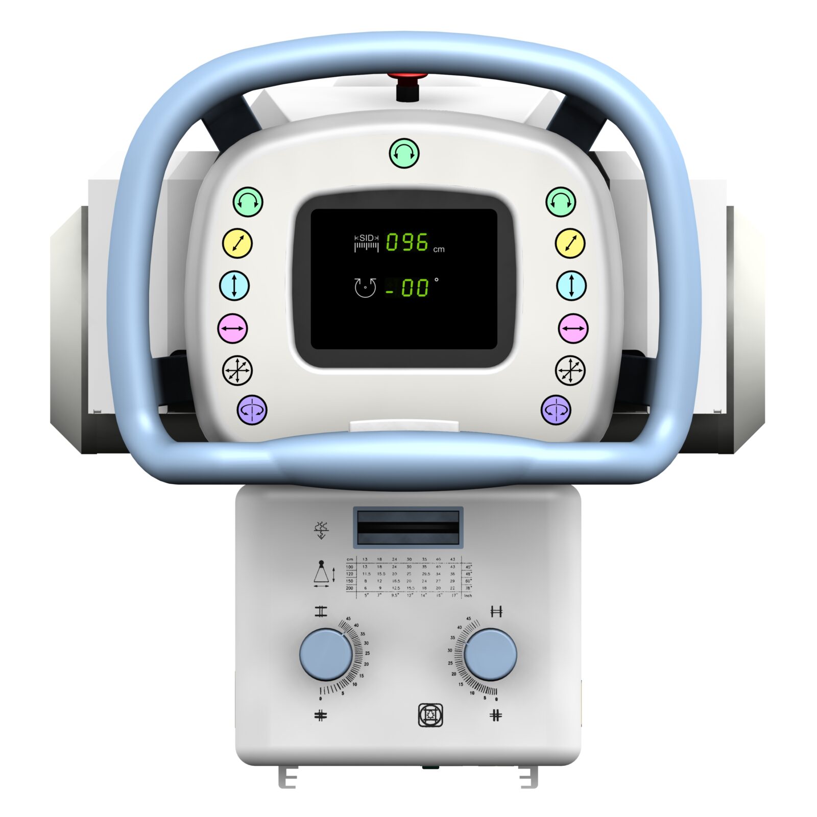 Top-down view of a medical imaging device with a blue circular gantry and a control panel displaying readouts.