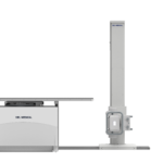 Cluster of del medical radiology equipment: vertical column, exam table, and support pedestal props pieces.