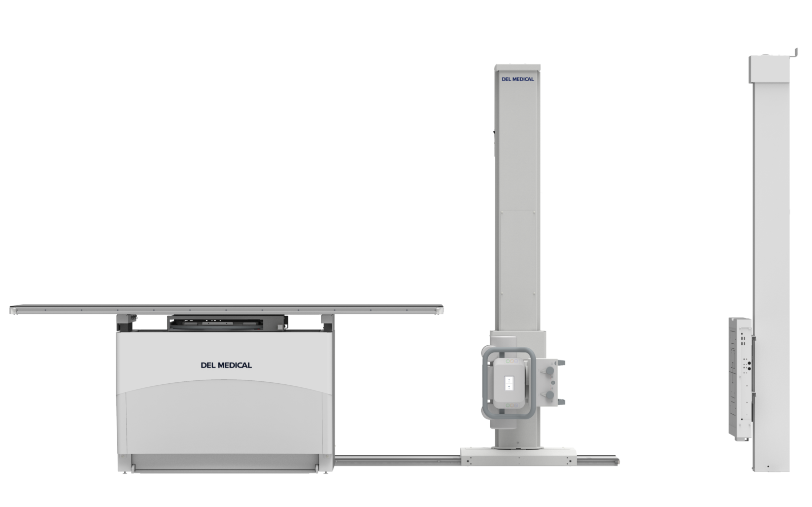 Cluster of del medical radiology equipment: vertical column, exam table, and support pedestal props pieces.