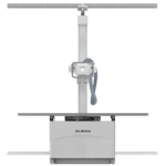 Ceiling-mounted digital x-ray system with a vertical column and control panel above a wheeled patient table, branded del medical.