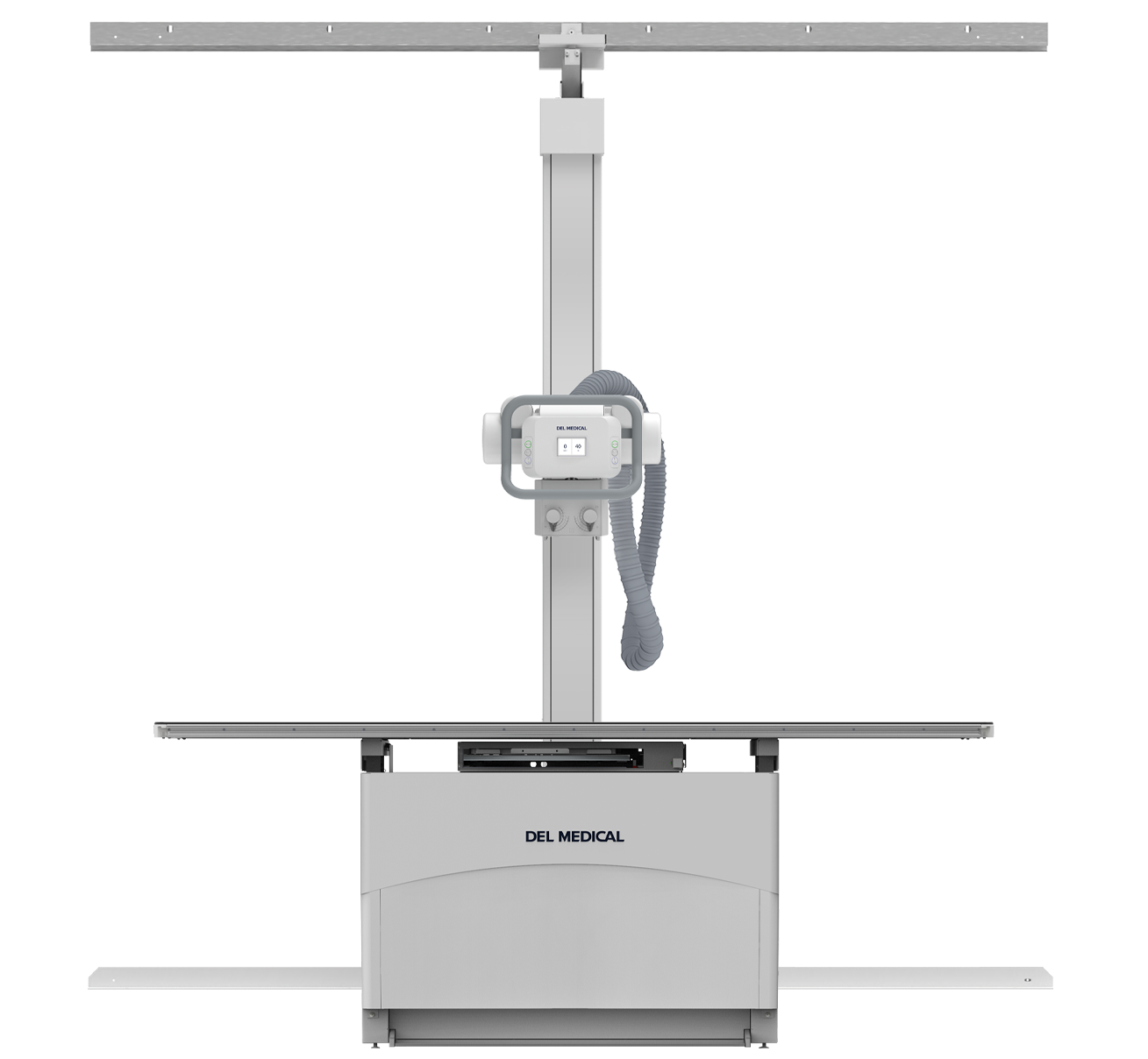Ceiling-mounted digital x-ray system with a vertical column and control panel above a wheeled patient table, branded del medical.