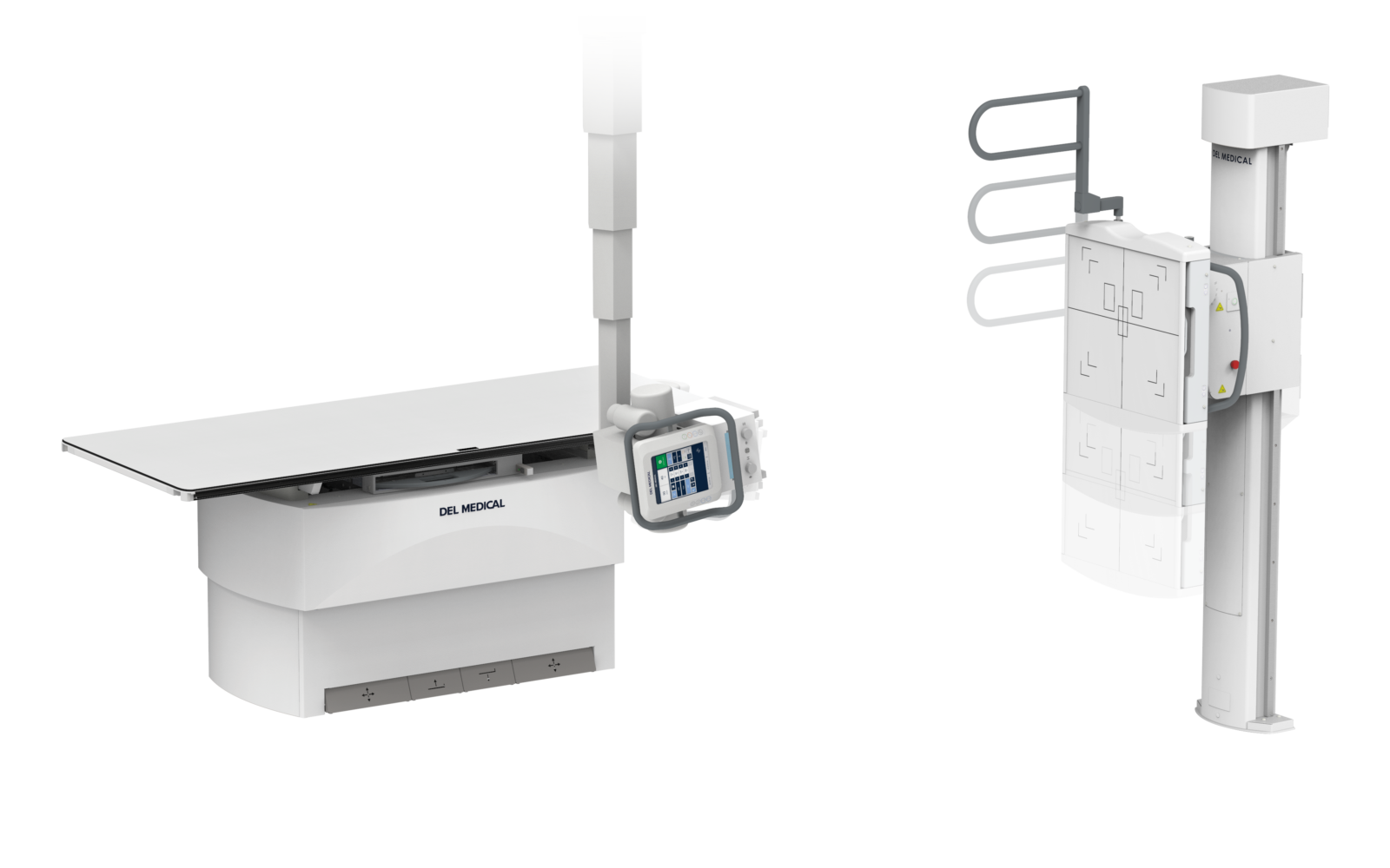 Radiology imaging setup with a patient table on the left and a tall vertical imaging unit on the right (del medical).