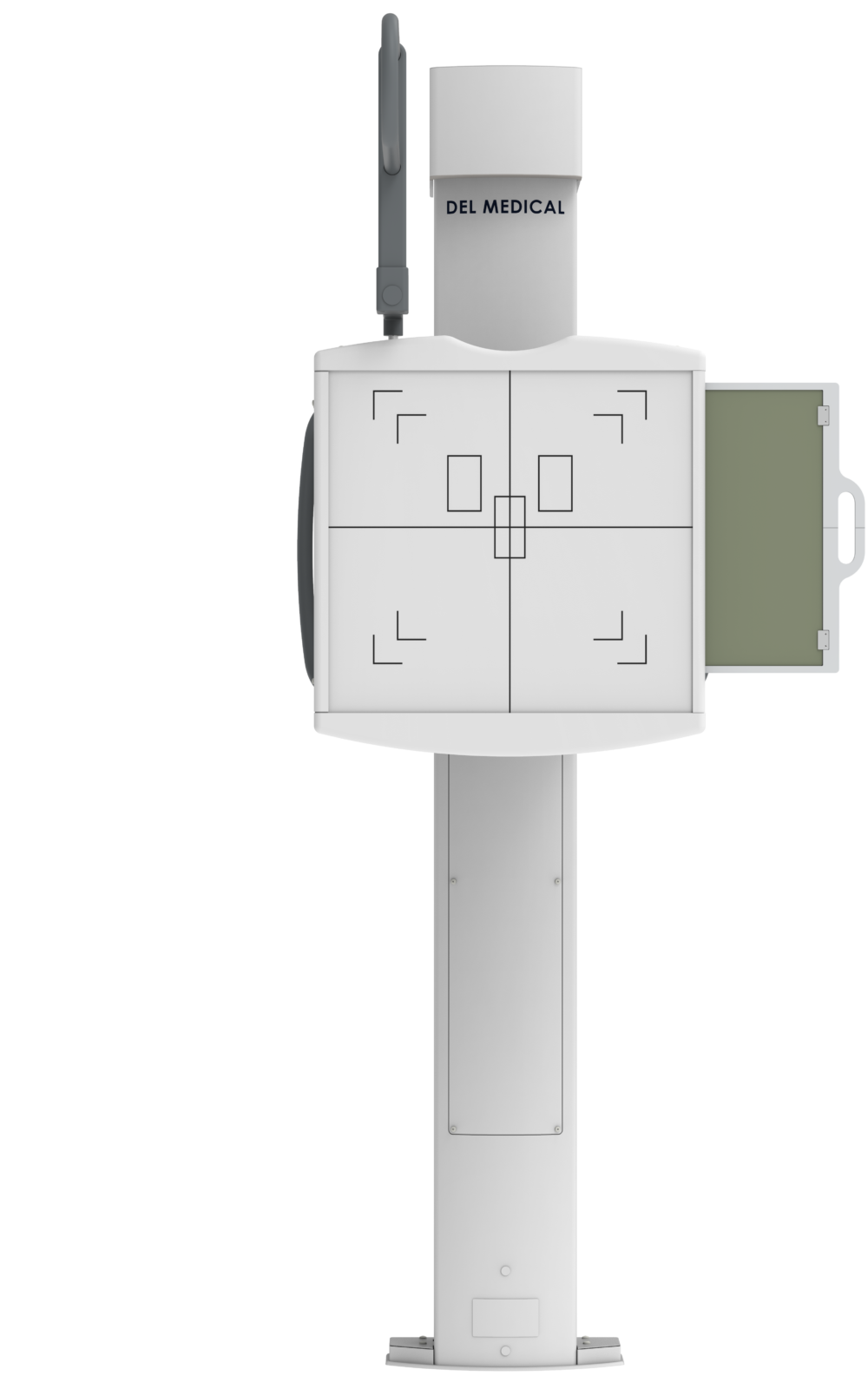 Vertical medical imaging gantry with a sliding patient table and 'del medical' label on the column