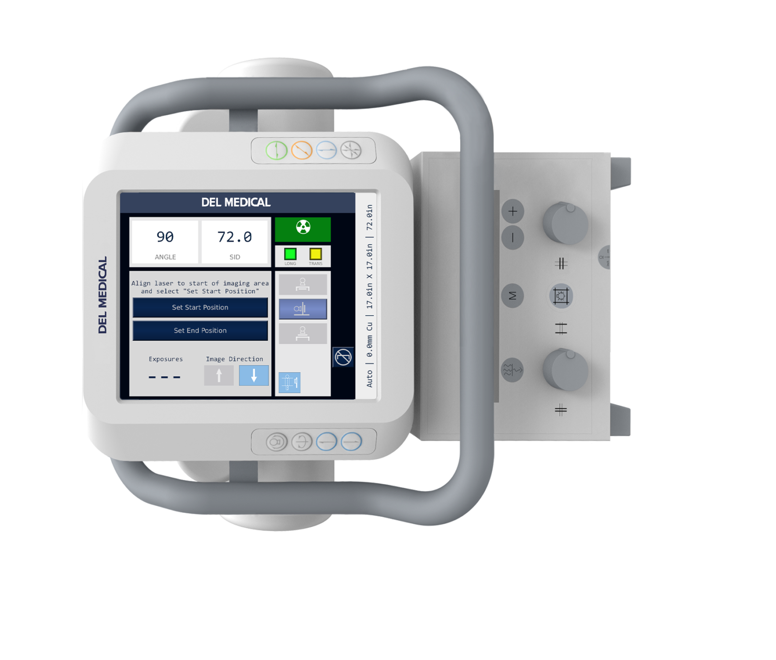 Medical monitor device labeled del medical with a touchscreen display and control knobs on the right side (informational image).