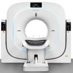 Neusoft medical imaging scanner with a circular gantry and a light-blue ring around the opening.