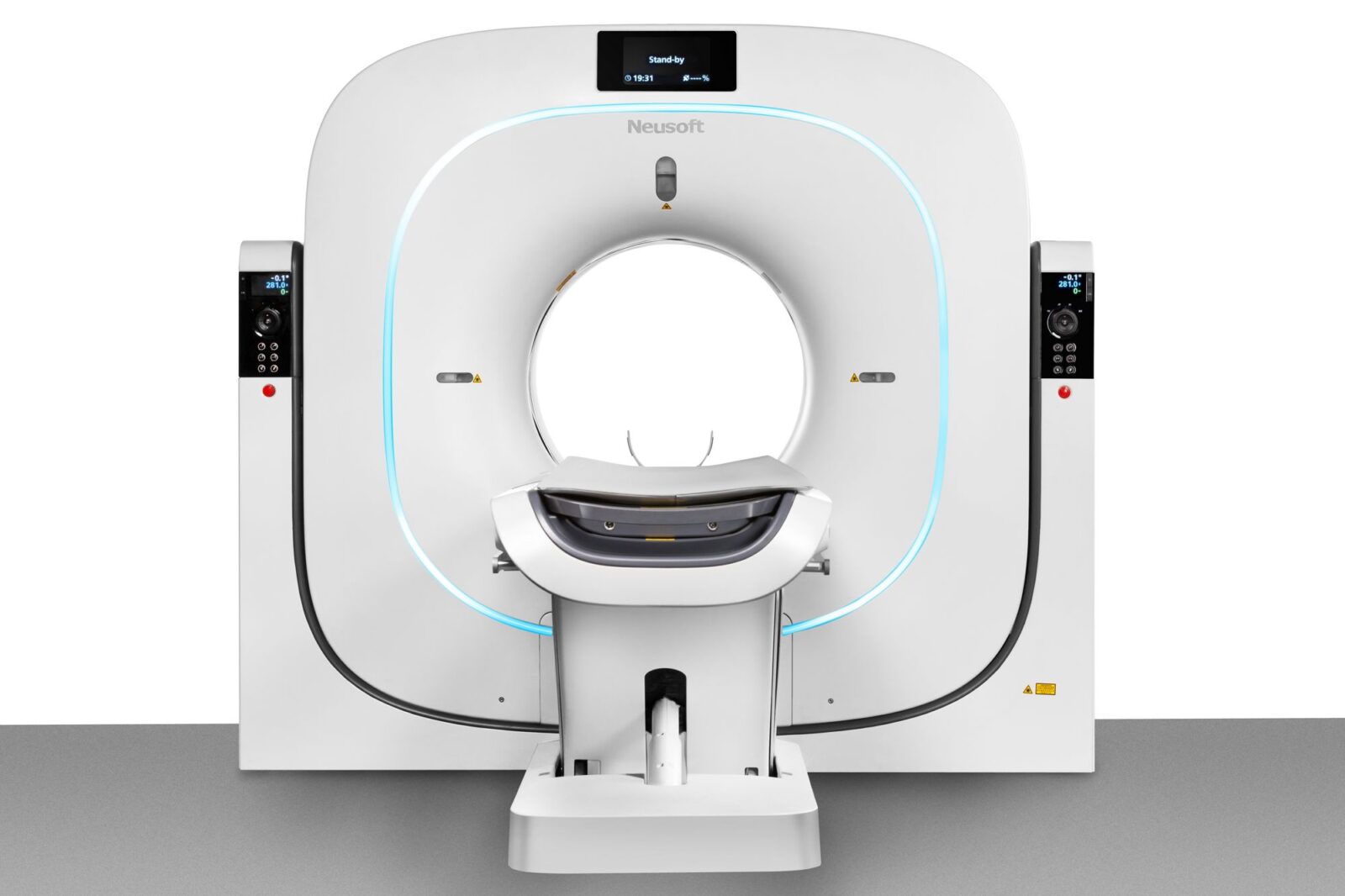 Neusoft medical imaging scanner with a circular gantry and a light-blue ring around the opening.