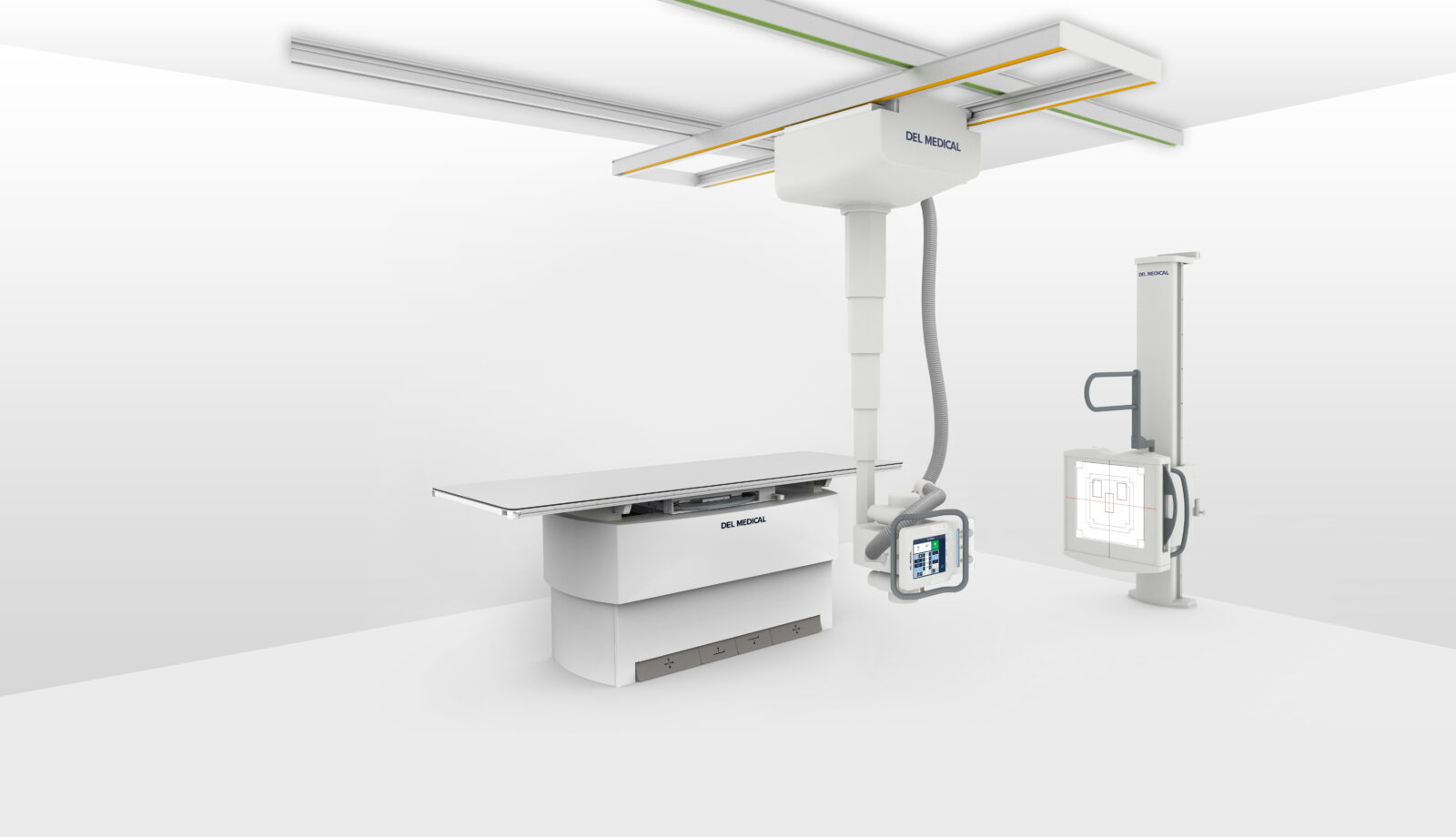 Ceiling-mounted medical imaging system with a horizontal x-ray table and control console in a clean white room (del medical).