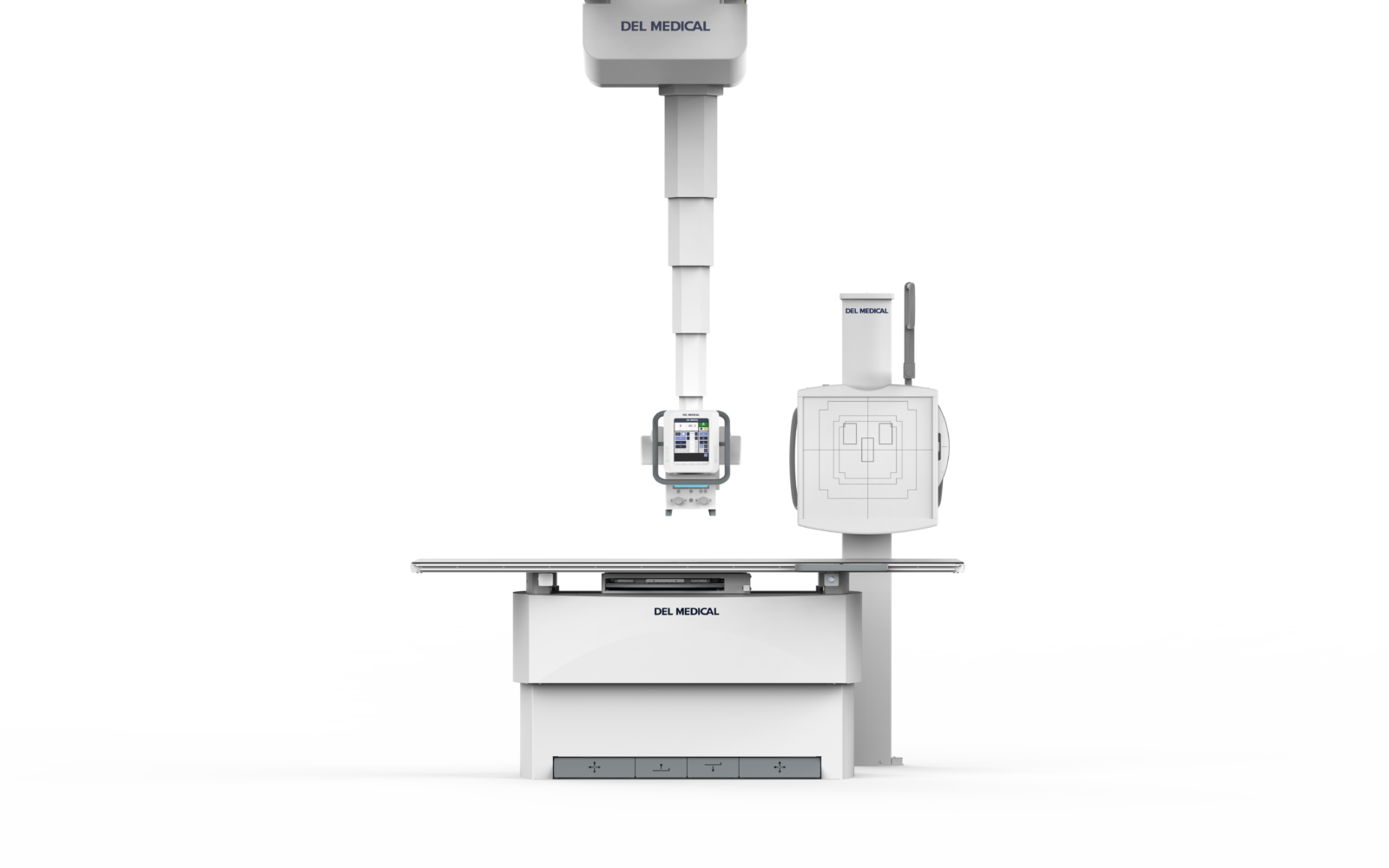 Full-height view of a del medical radiography system with a vertical support gantry, control console, and patient table.