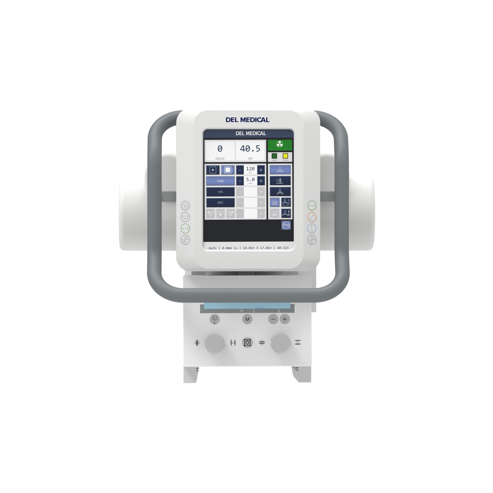 Front view of a del medical portable medical device with a color touchscreen and side handles, displaying controls and readings.