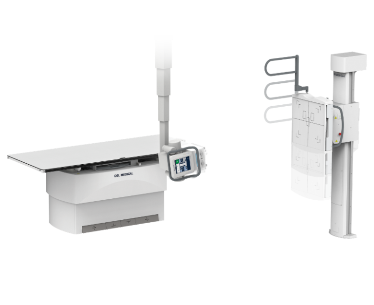 Medical x-ray imaging system: a flat patient table with a side control screen and a tall vertical column, plus an upright imaging stand with rails on the right.