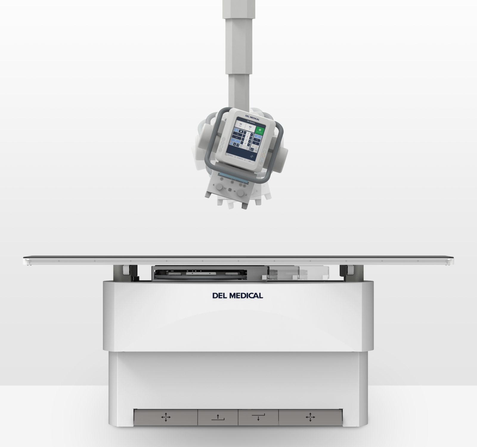 Medical imaging device with a large control panel and table, del medical branding on the base.