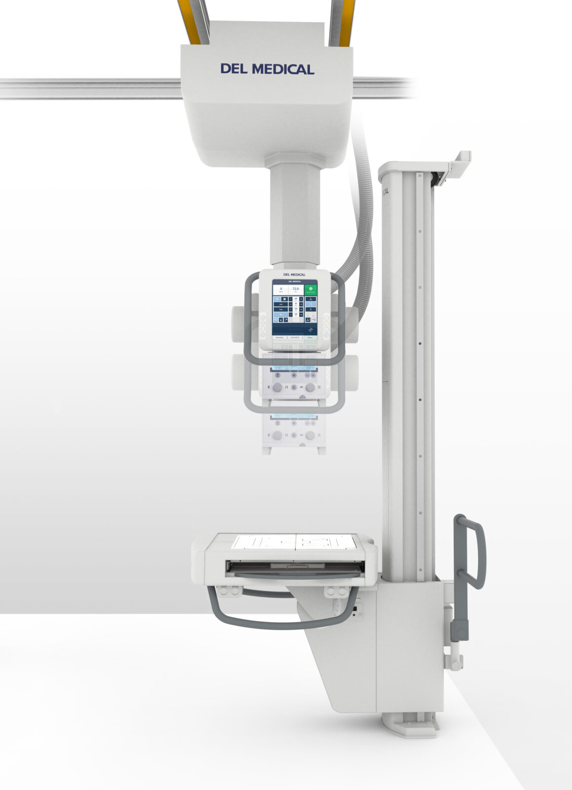 Vertical medical imaging machine with a control display and overhead components; del medical branding visible—likely an x-ray system.