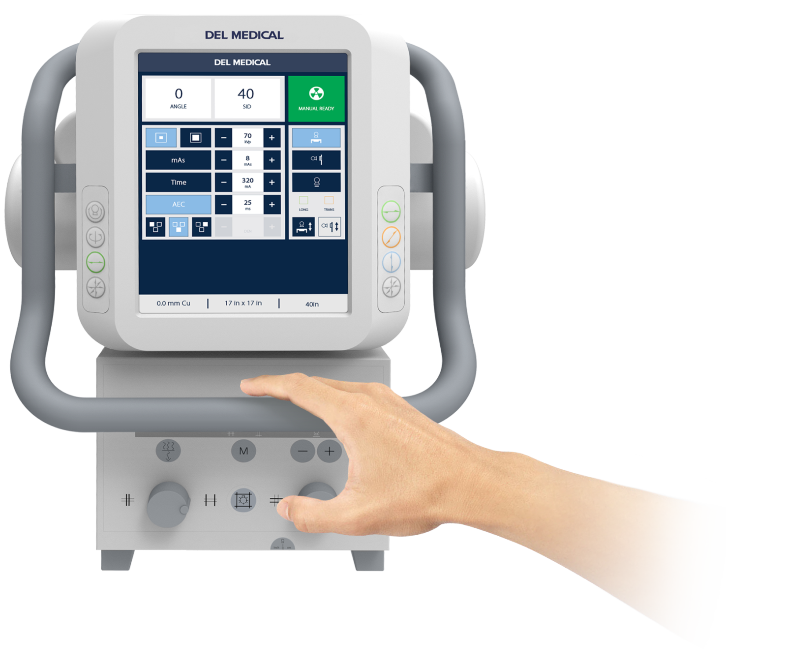 Ventilator control panel with a touchscreen display and a hand adjusting a dial and buttons (medical device)