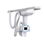 Portable x-ray machine mounted on an overhead track with flexible arms and a blue-framed control panel in the center of the unit.