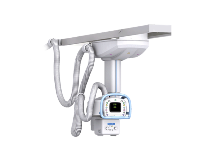 Portable x-ray machine mounted on an overhead track with flexible arms and a blue-framed control panel in the center of the unit.
