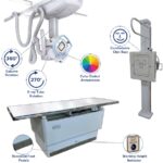 X-ray imaging system with an adjustable patient table, rotating column, and a control console featuring color-coded annotations.