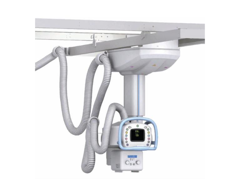 Ceiling-mounted medical unit with multiple flexible hoses and a blue-framed monitor hanging from a rail, likely anesthesia/ventilation equipment.