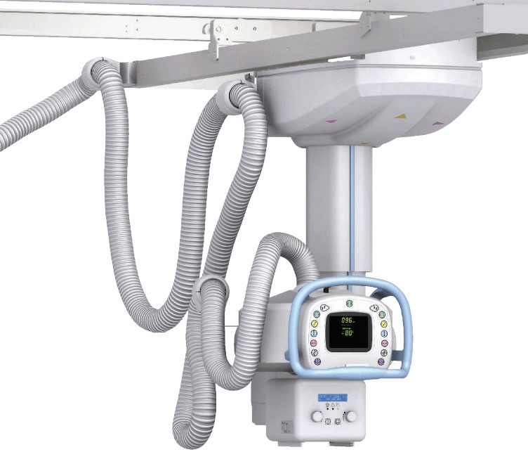 Ceiling-mounted medical anesthesia machine with multiple flexible hoses and a small digital control panel.