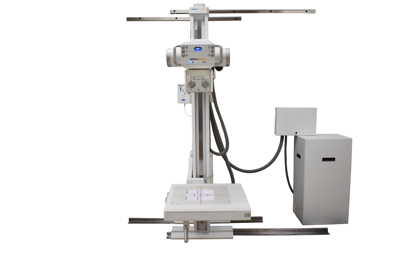 Vertical radiography stand with an overhead arm and patient table, used for x-ray imaging in medical exams, with control panel on the upright column and cables connected to a separate unit.