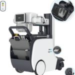 Mobile radiography robot on wheels with a compact x‑ray system and control tablet labeled drgem raymo used for imaging patients