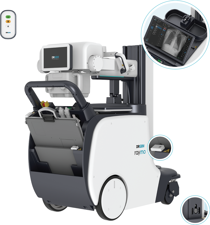 Mobile radiography robot on wheels with a compact x‑ray system and control tablet labeled drgem raymo used for imaging patients