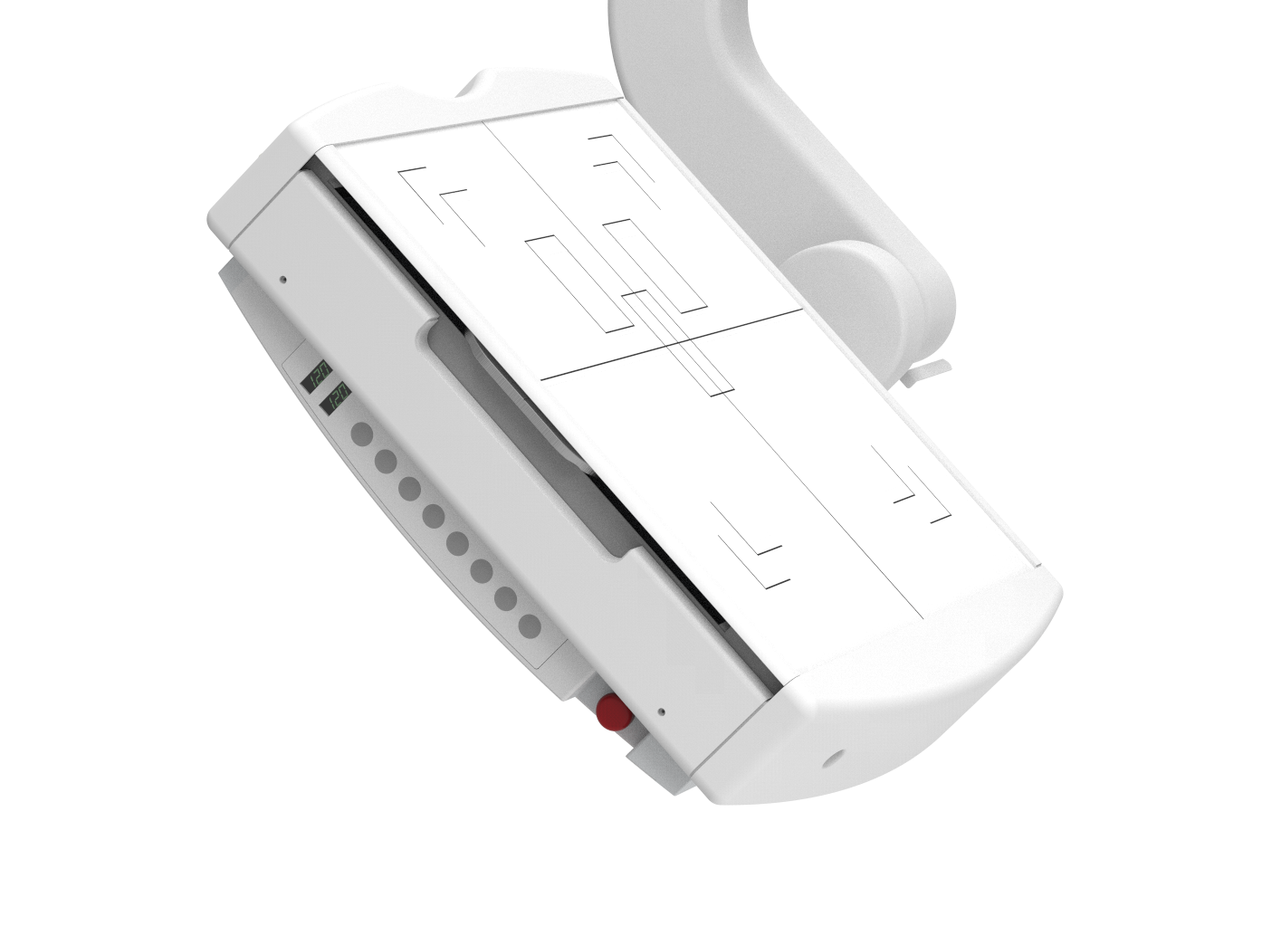 Angled view of a white medical printer-like device with a paper tray and printed sheets showing outlines and grids, in a clinical setting.