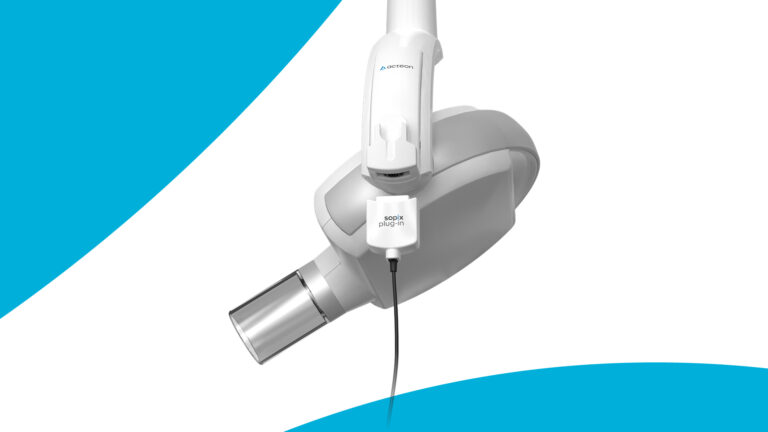Medical imaging probe (sopix plug-in) attached to a robotic hand, shown against a white background with blue diagonal accents.