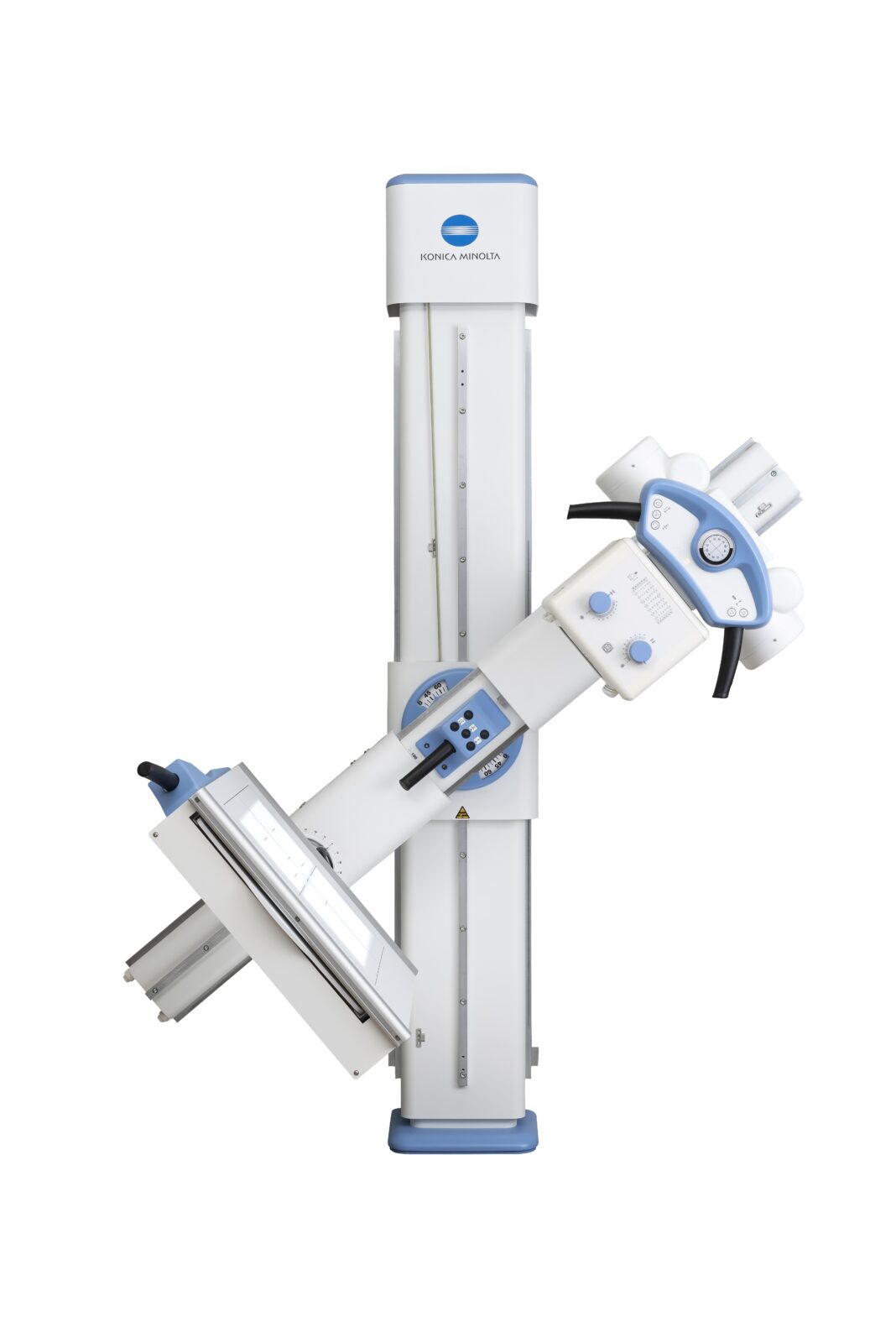 Vertical medical imaging tower with blue accents and an articulated arm, konica minolta logo visible on the top unit