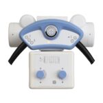 Control panel of a medical device with a central round gauge, two blue knobs, and black handles visible at the sides.