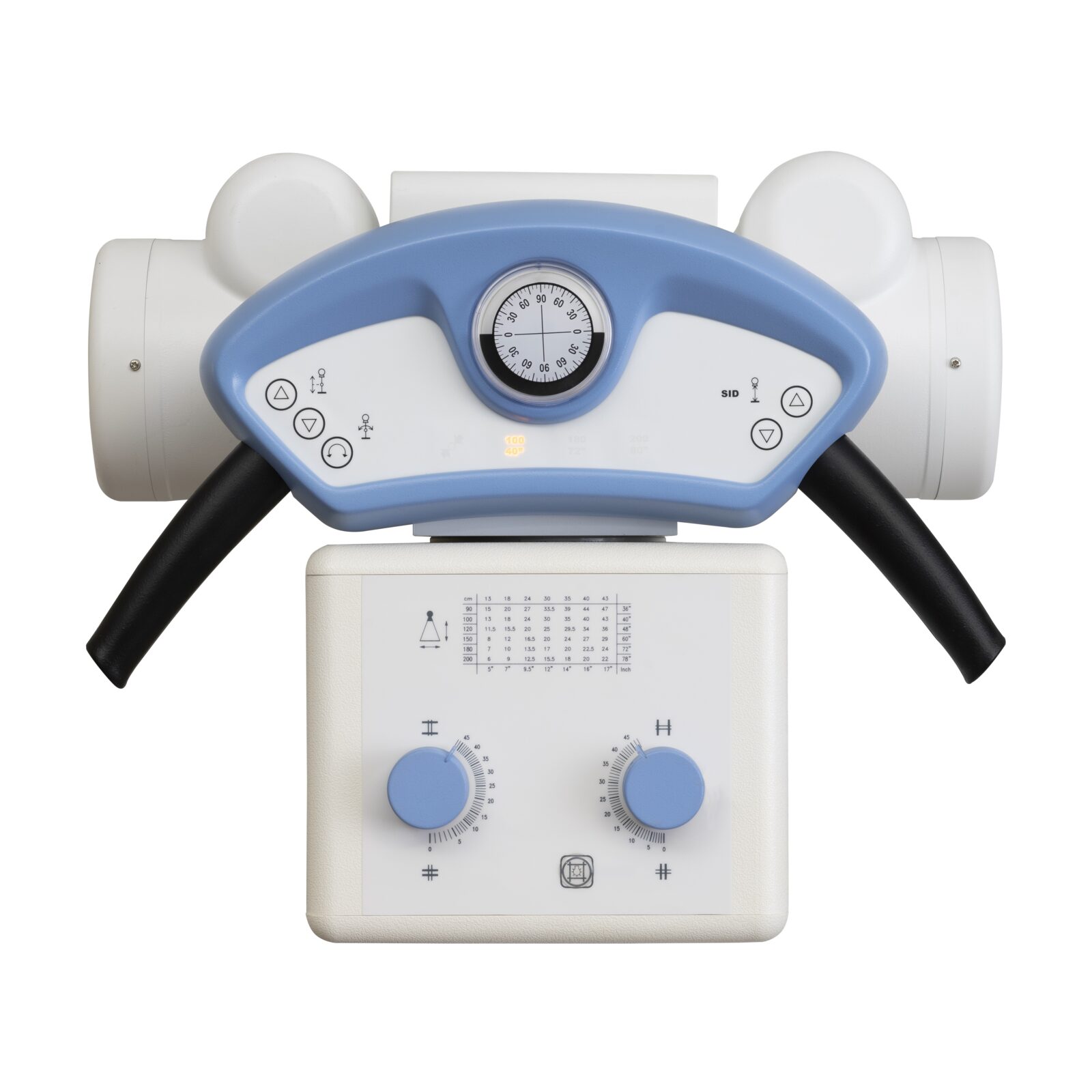 Control panel of a medical device with a central round gauge, two blue knobs, and black handles visible at the sides.