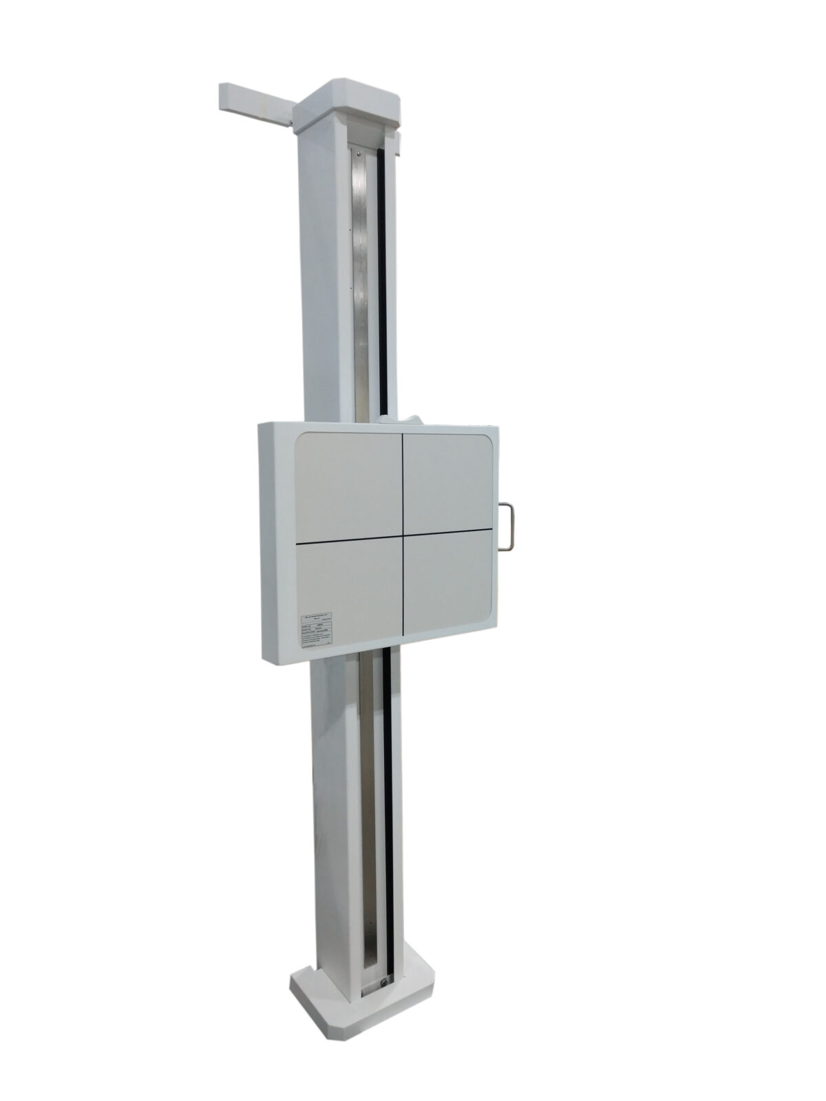 Tall white industrial cabinet on a vertical silver post with a t-shaped top arm, mounted on a white base.