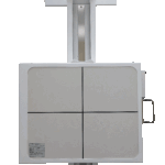 Medical imaging x-ray machine with vertical column and patient table on a beige cabinet.