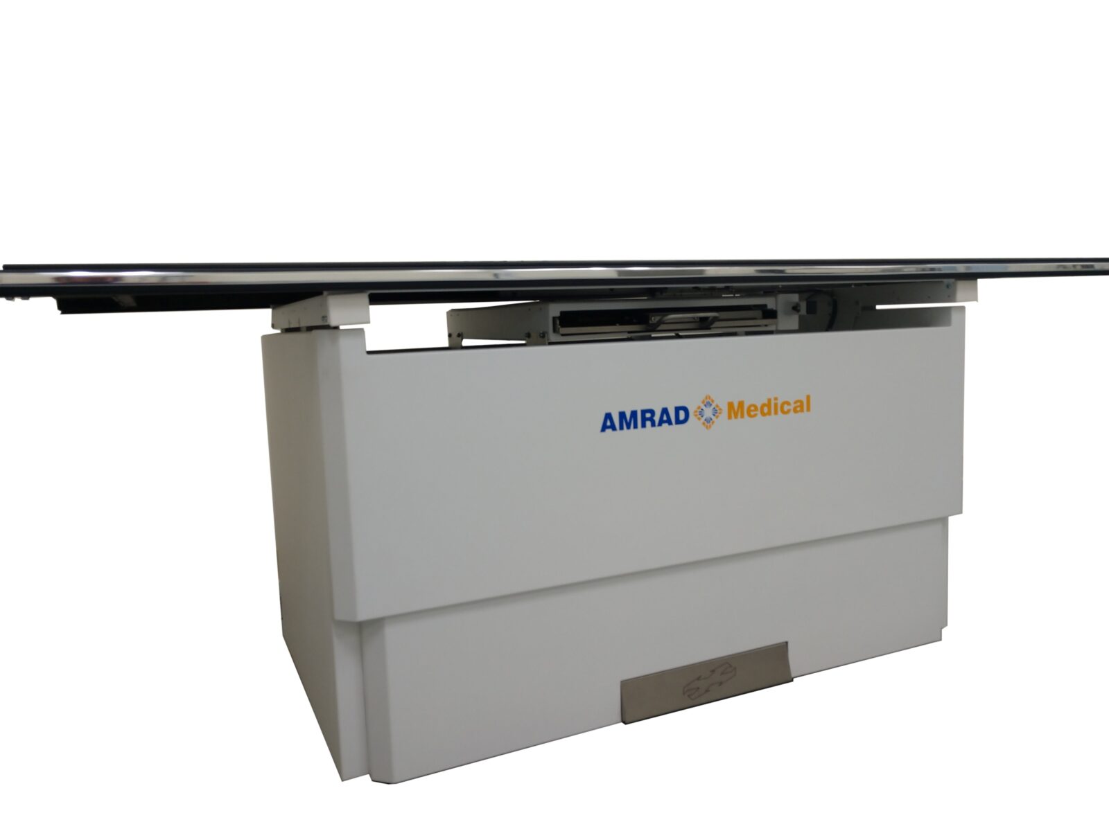 White medical device with an open front panel and the amrad medical logo visible at mid-height on the front.