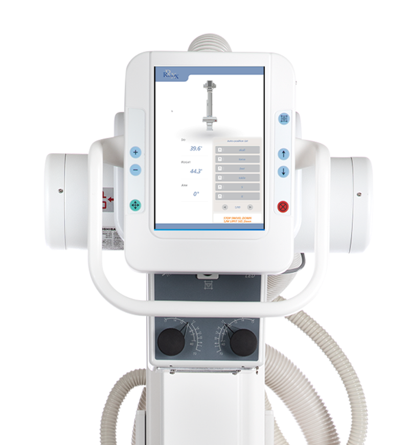 Medical ventilator with a central touchscreen display and control dials, connected hoses on both sides.