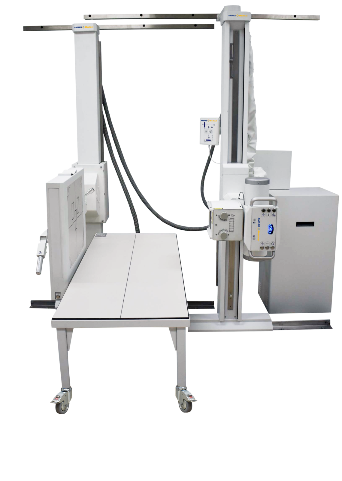 Radiographic imaging system with a flat patient table and two vertical columns on rolling bases, control panel at side (amrad medical).