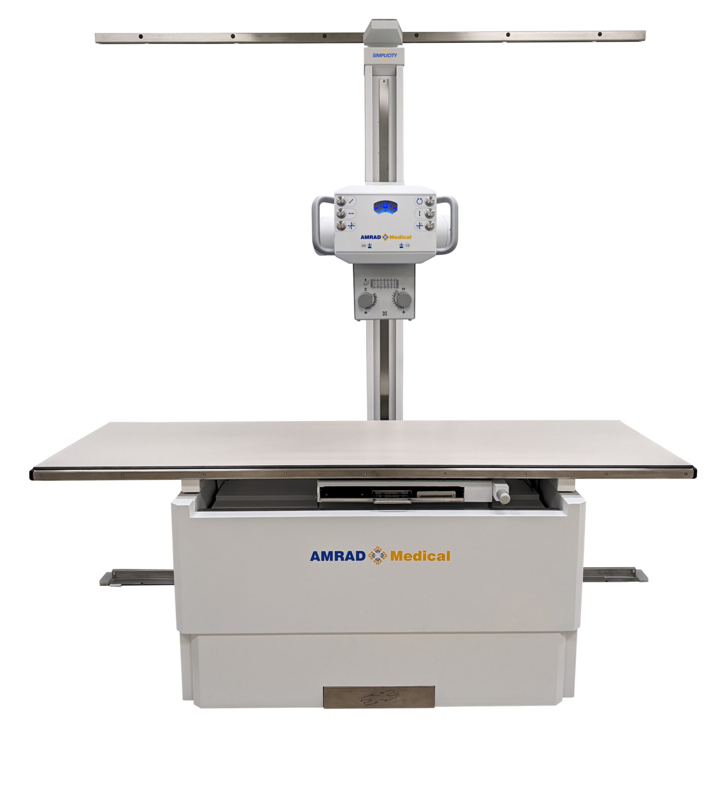 Medical operating table with vertical support column and control panel, amrad medical branding, set against a white background