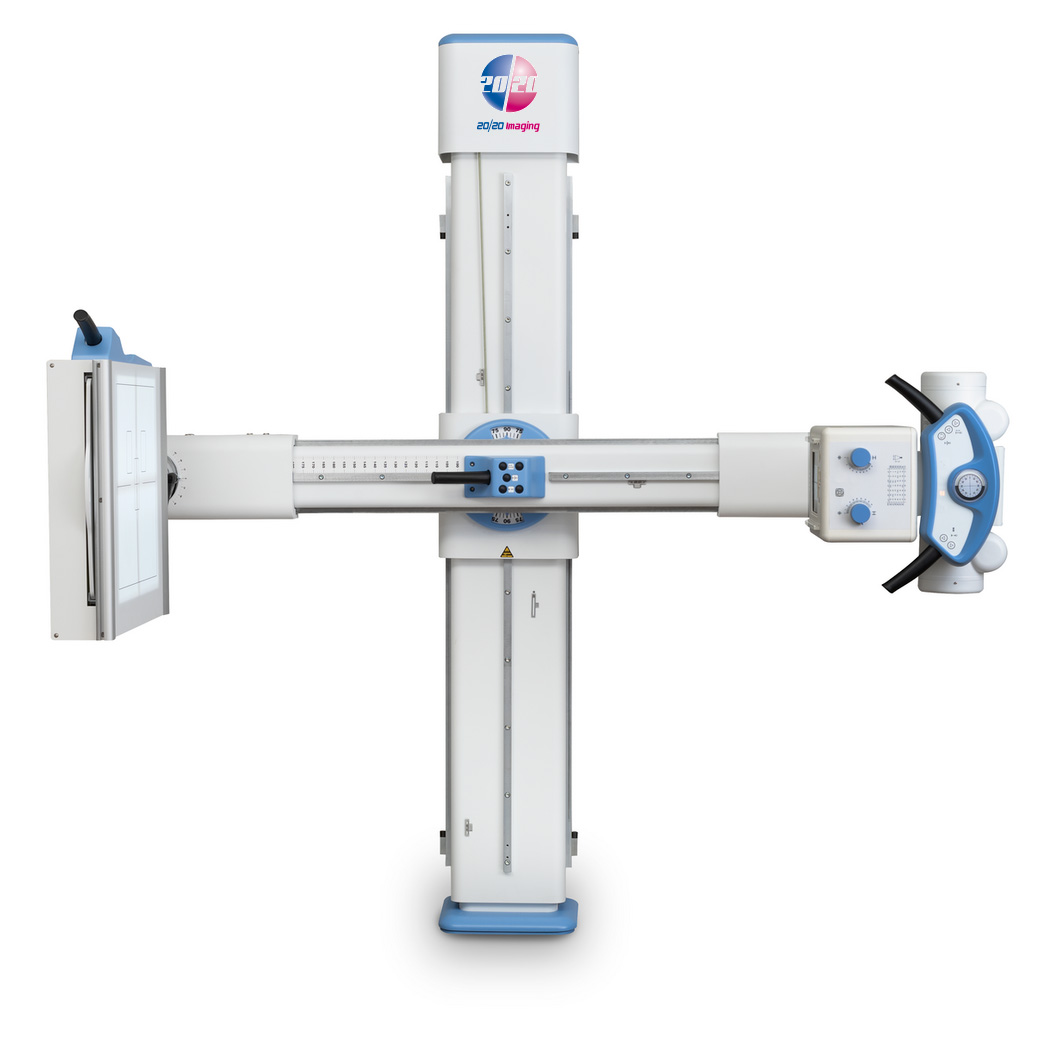 Cross-shaped radiography system with vertical gantry and horizontal beam arm in white and blue accents used for diagnostic imaging.