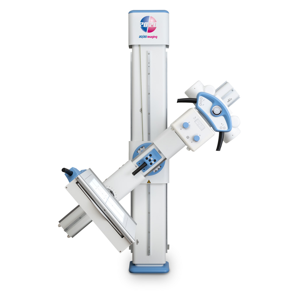 Medical x-ray imaging system mounted on a tall vertical stand with a diagonal patient arm and control panel, blue accents.