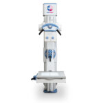 Medical x-ray imaging system on a tall stand with an adjustable patient table for radiographs or fluoroscopy exams.