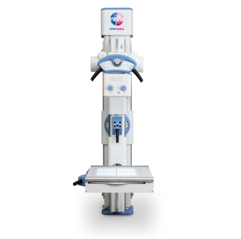 Medical x-ray imaging system on a tall stand with an adjustable patient table for radiographs or fluoroscopy exams.