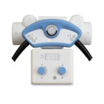 Blue-curved medical instrument with gauge at center and two round handles, mounted on a white base with blue knobs; looks like a diagnostic/therapy device.