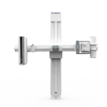 Medical imaging gantry on a tall vertical column with a horizontal arm, branded del medical, seen from the front
