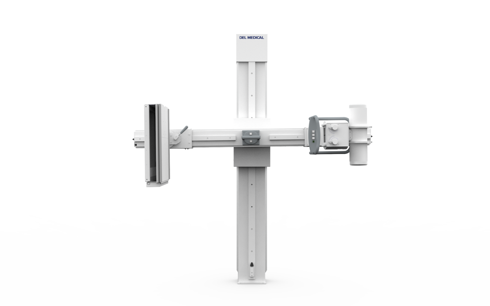 Medical imaging gantry on a tall vertical column with a horizontal arm, branded del medical, seen from the front