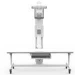 Mobile medical imaging stand with an overhead x-ray tube above an adjustable examination table.